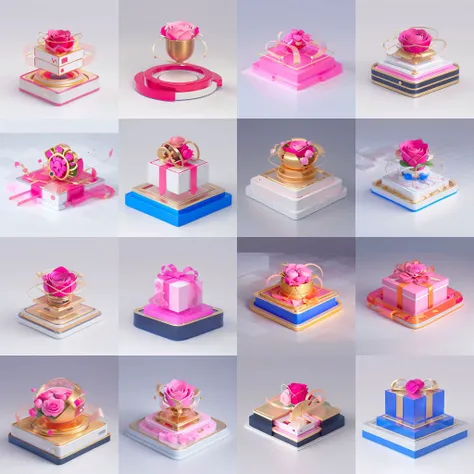 hason_chest_v1.0,pink background,ribbons,roses,pink,ribbons,roses,gold,blue,gold icon,white background,industrial design <lora:y<v:1>