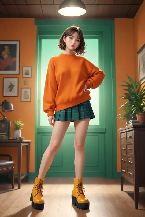 best quality, masterpiece, (highres, highly detailed:1.2), cinematic lighting, vibrant colors,
woman, indoors, large orange sweater, lowleg skirt, yellow platform boots, pose, dynamic, green background.