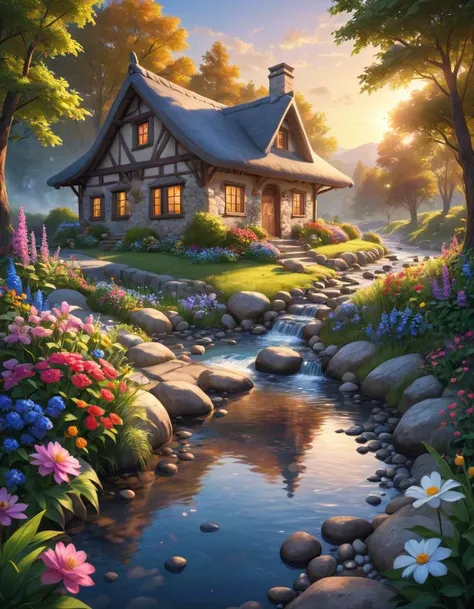 fantasy art, dreamy cottage, water stream, colorful flowers, pebbles, bush, setting sun., best quality, masterpiece, (highres, highly detailed:1.2), cinematic lighting, vibrant colors
