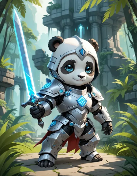 a super cute anthro humanoid male giant panda chibi knight, wearing mech armor, wielding glowing sword, helmet, fantasy jungle temple in background