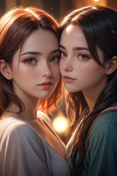 best quality, masterpiece, (highres, highly detailed:1.2), cinematic lighting, vibrant colors,
portrait, 2girls, facing viewer, intimate, romance, emotion, dynamic angle,