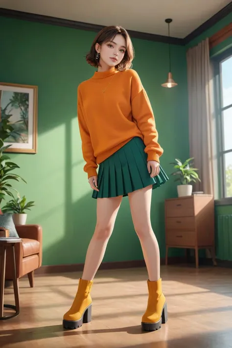 best quality, masterpiece, (highres, highly detailed:1.2), cinematic lighting, vibrant colors,
woman, indoors, large orange sweater, lowleg skirt, yellow platform boots, pose, dynamic, green background.