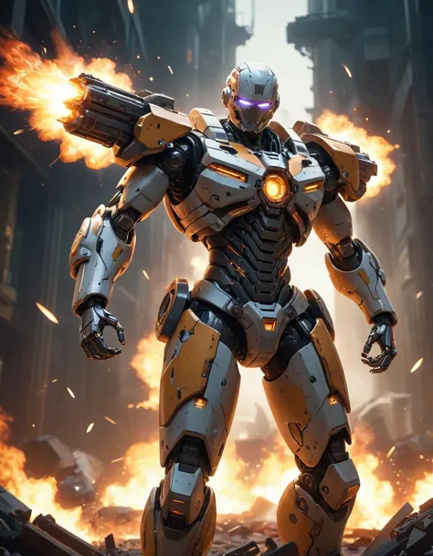 mechanical cyborg, fire arms, explosion, best quality, masterpiece, (highres, highly detailed:1.2), cinematic lighting, vibrant colors