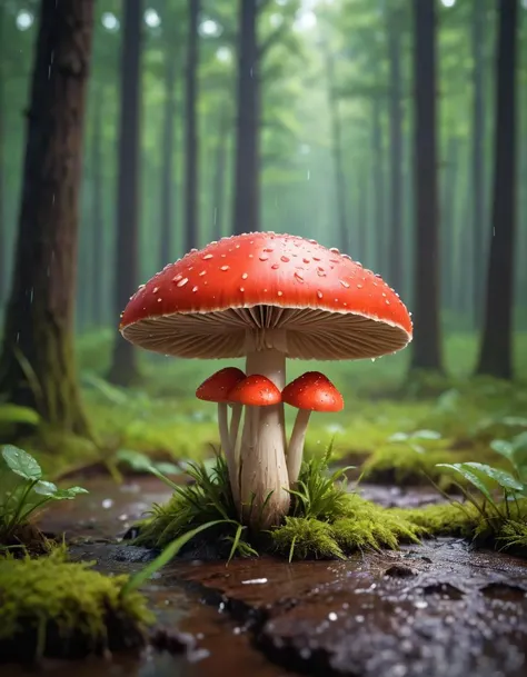 best quality, masterpiece, (highres, highly detailed:1.2), cinematic lighting, vibrant colors,
closeup of a red mushroom, forest, raining, minimalism,