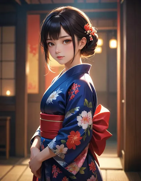 photo background, 26 year old girl, dutch angle, kimono, best quality, masterpiece, (highres, highly detailed:1.2), cinematic lighting, vibrant colors
