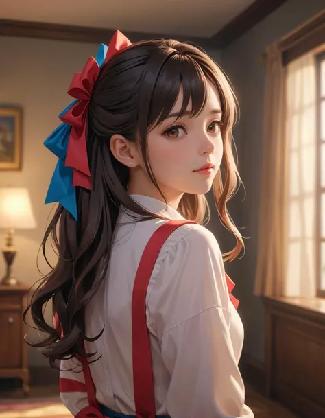 (30 year old girl:1.1), indoors, perspective, hair bow, best quality, masterpiece, (highres, highly detailed:1.2), cinematic lighting, vibrant colors