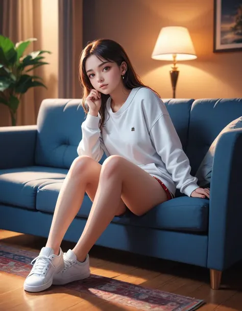 26 y.o girl on couch, white sneakers., best quality, masterpiece, (highres, highly detailed:1.2), cinematic lighting, vibrant colors
