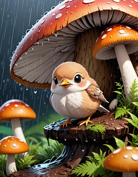 anime, graphic, digital art, highly detailed,
detailed face, skin texture, pose, dynamic angle,
rain falls heavy as a tiny cute bird finds shelter under a mushroom