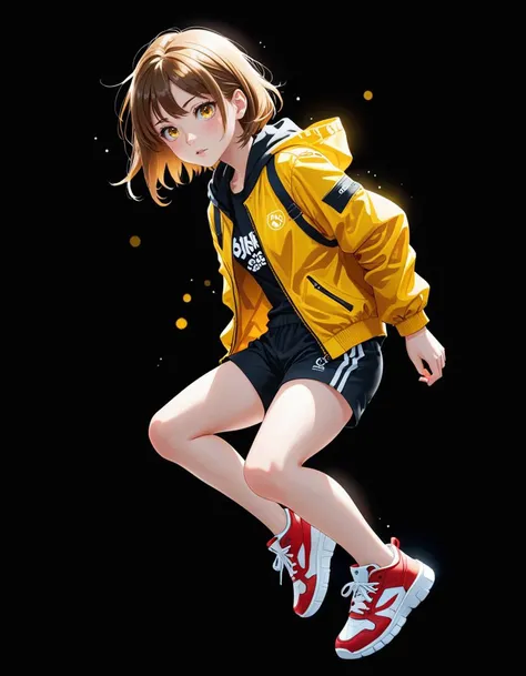 anime, graphic, digital art, highly detailed,
detailed face, pose, dynamic angle,
girl, yellow jacket, black shorts, red sneakers,
black background, bokeh.