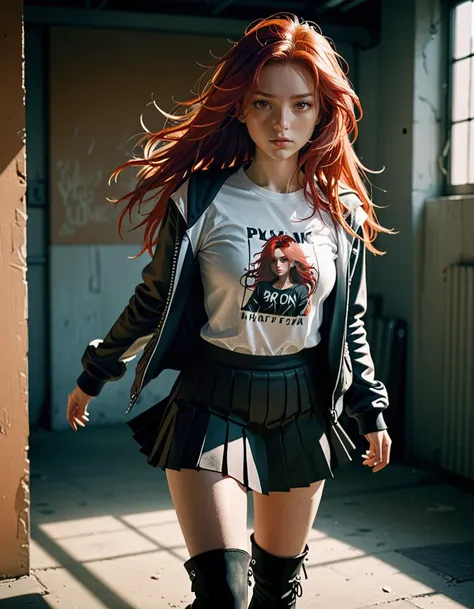 film photography, dynamic composition, sharp focus, hard shadows, skin texture, cinematic lighting, highly detailed, aesthetic,
woman, (messy hair:0.5), long red hair, detailed face, medium breasts, t-shirt, open jacket, pleated skirt, bare thigh, platform boots, pose,