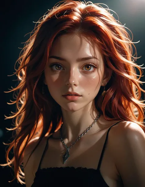 analog film, photographic, dynamic composition, sharp focus, shadow, cinematic lighting, highly detailed, aesthetic,
detailed face, skin texture, pose, dynamic angle,
woman, red hair, (messy hair:0.5), long hair, long eyelashes, necklace, upper body,