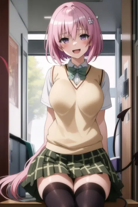 best quality,masterpiece, high res,original, beautiful detailed eyes,ultra-detailed, perfect anatomy,
1girl, solo, cowboyshot, sitting,
large breasts, wide hip,
glamorous body, slender body,
<lora:Momo:0.8>, short_hair, skirt, hair_ornament, thighhighs, school_uniform, purple_eyes, tail, pink_hair, zettai_ryouiki, demon_tail, sweater_vest,
happy face, blush, open mouth,
perfect lighting,Colorful, Bright_Front_face_Lighting, shiny skin,
(beautiful_face:1.5),