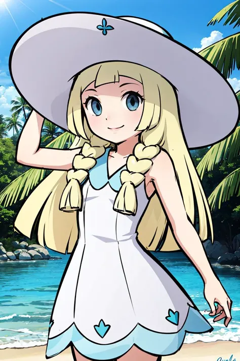 <lora:Style_of_the_Winds:0.8>, , masterpiece, best quality, highres, aalillie, long hair, braid, sun hat, white headwear, collarbone, sleeveless dress, white dress, <lora:lillie_(pokemon)_v1:0.7>, smile, outdoors, tropical beach, cowboy shot