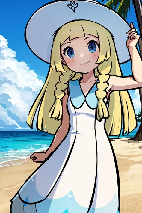 <lora:Style_of_the_Winds:0.8>, , masterpiece, best quality, highres, aalillie, long hair, braid, sun hat, white headwear, collarbone, sleeveless dress, white dress, <lora:lillie_(pokemon)_v1:0.7>, smile, outdoors, tropical beach, cowboy shot