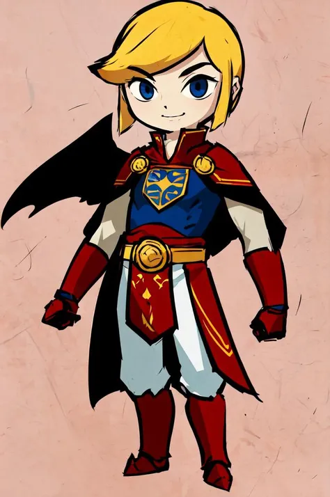 <lora:Style_of_the_Winds:1> black coat,, ultra detailed, masterpiece, best quality, solo, smile, red theme, 1boy, blue eyes, medium blonde hair, parted bangs, hair intakes, male focus, muscular male, armor, pauldrons, cuirass, gauntlets, waist cape, greaves, black bodysuit, surcoat, shoulder sash, wing shoulder armor, cape, pants,