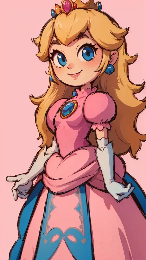 <lora:Style_of_the_Winds:0.8>,((masterpiece, best quality)),absurdres,Princess_Peach,(pink dress),blonde hair,blue eyes,long hair,crown,gem,gloves,puffy sleeves,short sleeves,white gloves,solo,smiling,looking at viewer,cowboy shot,<lora:PrincessPeachMovie:0.7>,PrincessPeach,illustration,2d,