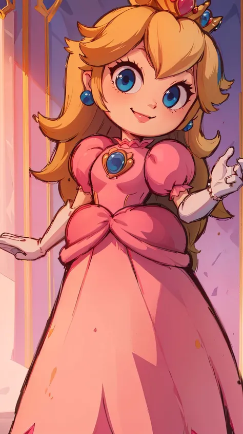<lora:Style_of_the_Winds:0.8>,((masterpiece, best quality)),absurdres,Princess_Peach,(pink dress),blonde hair,blue eyes,long hair,crown,gem,gloves,puffy sleeves,short sleeves,white gloves,solo,smiling,looking at viewer,cowboy shot,<lora:PrincessPeachMovie:1>,PrincessPeach,illustration,2d,