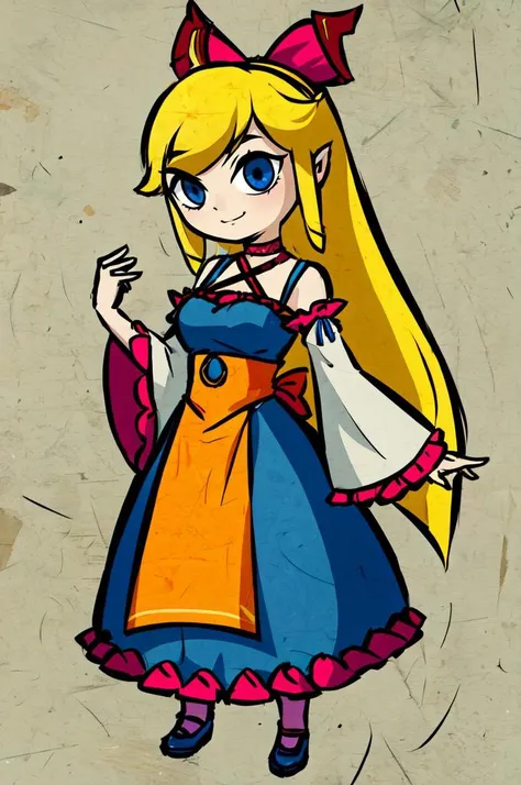 <lora:Style_of_the_Winds:1>, ultra detailed, masterpiece, best quality, solo, soft smile, light smile,
1girl, blue eyes, very long hair, blonde hair, long blonde hair, french braid, bangs, medium breasts,
hair ribbon, frilled choker, criss-cross halter, sleeveless dress, high-waist skirt, backless dress, waist bow, detached sleeves, frilled sleeves, wide sleeves, pantyhose, patterned legwear, mary janes,