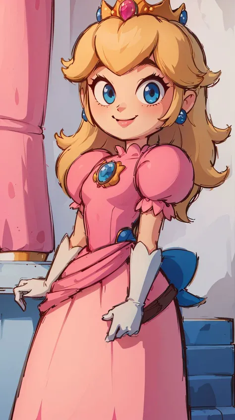 <lora:Style_of_the_Winds:0.8>,((masterpiece, best quality)),absurdres,Princess_Peach,(pink dress),blonde hair,blue eyes,long hair,crown,gem,gloves,puffy sleeves,short sleeves,white gloves,solo,smiling,looking at viewer,cowboy shot,<lora:PrincessPeachMovie:0.7>,PrincessPeach,illustration,2d,