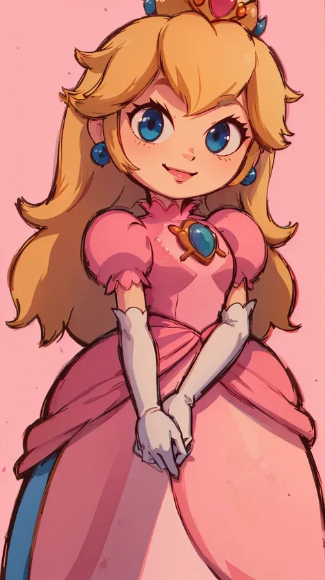 <lora:Style_of_the_Winds:0.8>,((masterpiece, best quality)),absurdres,Princess_Peach,(pink dress),blonde hair,blue eyes,long hair,crown,gem,gloves,puffy sleeves,short sleeves,white gloves,solo,smiling,looking at viewer,cowboy shot,<lora:PrincessPeachMovie:1>,PrincessPeach,illustration,2d,