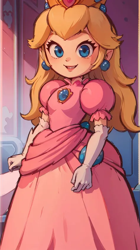 <lora:Style_of_the_Winds:0.8>,((masterpiece, best quality)),absurdres,Princess_Peach,(pink dress),blonde hair,blue eyes,long hair,crown,gem,gloves,puffy sleeves,short sleeves,white gloves,solo,smiling,looking at viewer,cowboy shot,<lora:PrincessPeachMovie:1>,PrincessPeach,illustration,2d,