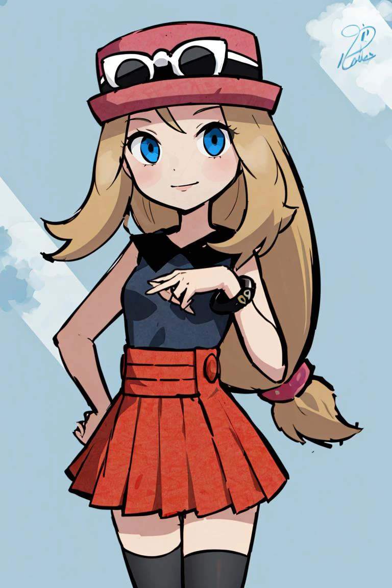 <lora:Style_of_the_Winds:0.8>, , ((masterpiece,best quality)), absurdres, <lora:serena_v1:0.7>, serena \(pokemon\), 1girl, long hair, blue eyes, thighhighs, long hair, hat, jewelry, bracelet, black thighhighs, collared shirt, pleated skirt, red skirt, sleeveless, high-waist skirt, sleeveless shirt, eyelashes, pink headwear, black shirt, eyewear on headwear, solo, smiling, looking at viewer, cowboy shot, ,