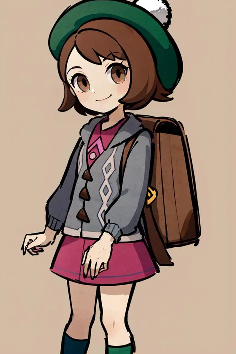 <lora:Style_of_the_Winds:0.8>, , ((masterpiece,best quality)), absurdres, <lora:gloria_(pokemon)_v1:0.7>, gloria \(pokemon\), brown hair, solo, backpack, brown eyes, tam o' shanter, grey cardigan, pink dress, short hair, green socks, socks, brown bag, bob cut, bangs, long sleeves, collared dress, solo, smiling, looking at viewer, cowboy shot, ,