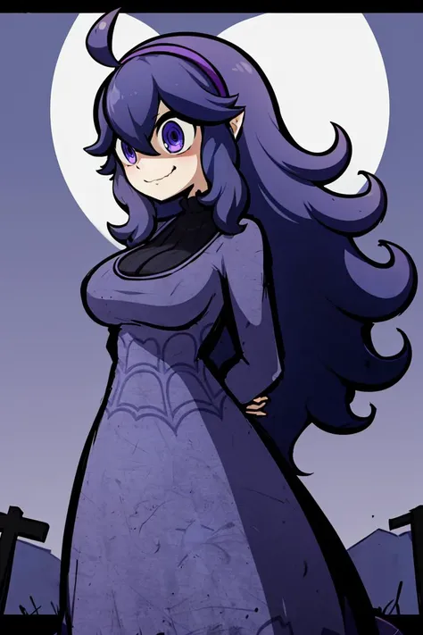 <lora:Style_of_the_Winds:0.8>, , masterpiece, best quality, highres, aahex, hex maniac \(pokemon\), long hair, ahoge, purple hairband, purple eyes, @_@, large breasts, long dress, black dress, long sleeves, <lora:hex_maniac_v1:0.7>, arms behind back, outdoors, full moon,