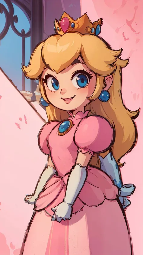 <lora:Style_of_the_Winds:0.8>,((masterpiece, best quality)),absurdres,Princess_Peach,(pink dress),blonde hair,blue eyes,long hair,crown,gem,gloves,puffy sleeves,short sleeves,white gloves,solo,smiling,looking at viewer,cowboy shot,<lora:PrincessPeachMovie:0.7>,PrincessPeach,illustration,2d,
