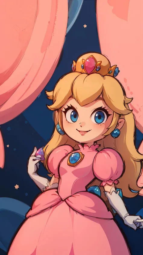 <lora:Style_of_the_Winds:0.8>,((masterpiece, best quality)),absurdres,Princess_Peach,(pink dress),blonde hair,blue eyes,long hair,crown,gem,gloves,puffy sleeves,short sleeves,white gloves,solo,smiling,looking at viewer,cowboy shot,<lora:PrincessPeachMovie:0.7>,PrincessPeach,illustration,2d,