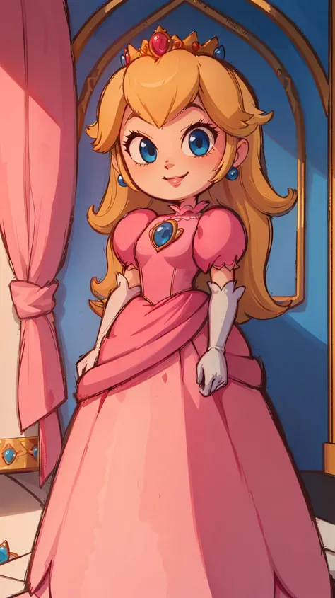 <lora:Style_of_the_Winds:0.8>,((masterpiece, best quality)),absurdres,Princess_Peach,(pink dress),blonde hair,blue eyes,long hair,crown,gem,gloves,puffy sleeves,short sleeves,white gloves,solo,smiling,looking at viewer,cowboy shot,<lora:PrincessPeachMovie:1>,PrincessPeach,illustration,2d,