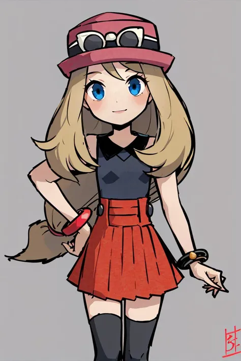 <lora:Style_of_the_Winds:0.8>, , ((masterpiece,best quality)), absurdres, <lora:serena_v1:0.7>, serena \(pokemon\), 1girl, long hair, blue eyes, thighhighs, long hair, hat, jewelry, bracelet, black thighhighs, collared shirt, pleated skirt, red skirt, sleeveless, high-waist skirt, sleeveless shirt, eyelashes, pink headwear, black shirt, eyewear on headwear, solo, smiling, looking at viewer, cowboy shot, ,