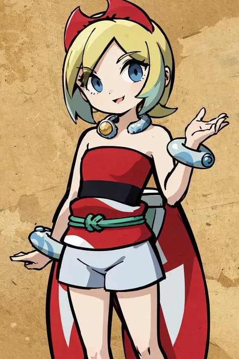 <lora:Style_of_the_Winds:0.8>, , ((masterpiece,best quality)), absurdres, <lora:irida_(pokemon)_v1:0.7>, aairida, short hair, red hairband, neck ring, collar, strapless shirt, red shirt, bracelet, sash, waist cape, white shorts, bare legs, solo, smiling, looking at viewer, cowboy shot, ,