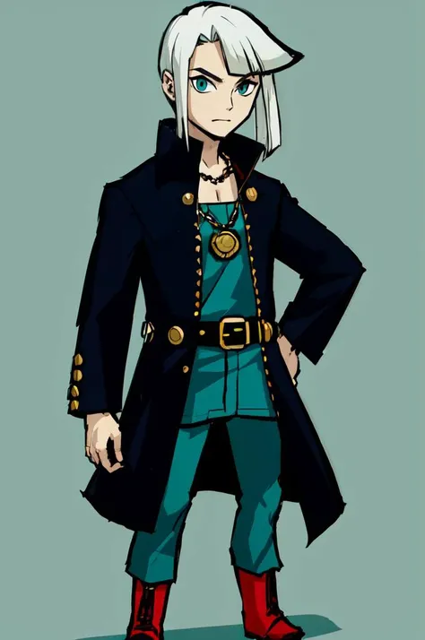 <lora:Style_of_the_Winds:1> black coat,, ultra detailed, masterpiece, best quality, solo, 1boy, teal eyes, <lora:Tsurime3:1>, (tsurime:1.2), parted bangs, white hair, medium hair, straight hair, shoulder-length hair, male focus, coat, shirt, pants, studded belt, multiple belts, combat boots, torn clothes, necklace, black coat, black and green theme,