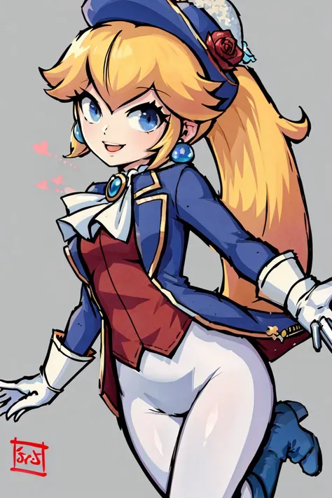 <lora:Style_of_the_Winds:0.8>, , ((masterpiece,best quality)), absurdres, <lora:Princess_Peach_Nintendo:0.8>, Swordfighter_Peach, solo, 1girl, hat, blonde hair, blue eyes, jewelry, earrings, long hair, rapier, hat feather, pants, ascot, red rose, hat flower, ponytail, white pants, white gloves, boots, blue jacket, long sleeves, smiling, looking at viewer, cowboy shot,