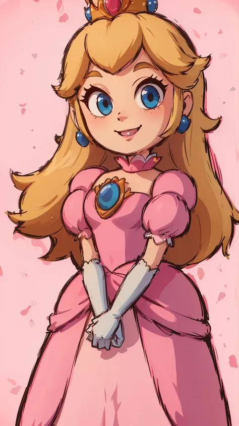 <lora:Style_of_the_Winds:0.8>,((masterpiece, best quality)),absurdres,Princess_Peach,(pink dress),blonde hair,blue eyes,long hair,crown,gem,gloves,puffy sleeves,short sleeves,white gloves,solo,smiling,looking at viewer,cowboy shot,<lora:PrincessPeachMovie:0.7>,PrincessPeach,illustration,2d,