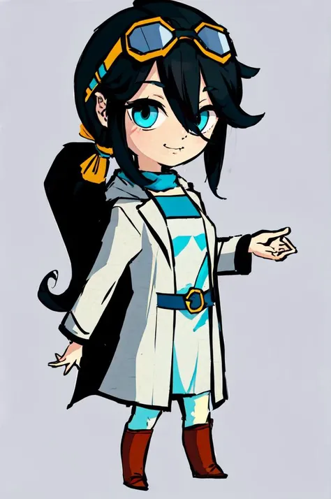 <lora:Style_of_the_Winds:1> (black hair:1.3),, ultra detailed, masterpiece, best quality, solo, soft smile, light smile, 1girl, aqua eyes, black hair, <lora:low_ponytail-1.0:0.95> low ponytail, ahoge, absurdly long hair, very long hair, (hair flaps:1.2), flipped hair, hair between eyes, bangs, messy hair, small breasts, (goggles on head:1.2), hooded coat, open coat, turtleneck, capri pants, black knee boots, multiple straps, white coat, layered clothes, hair ribbon,