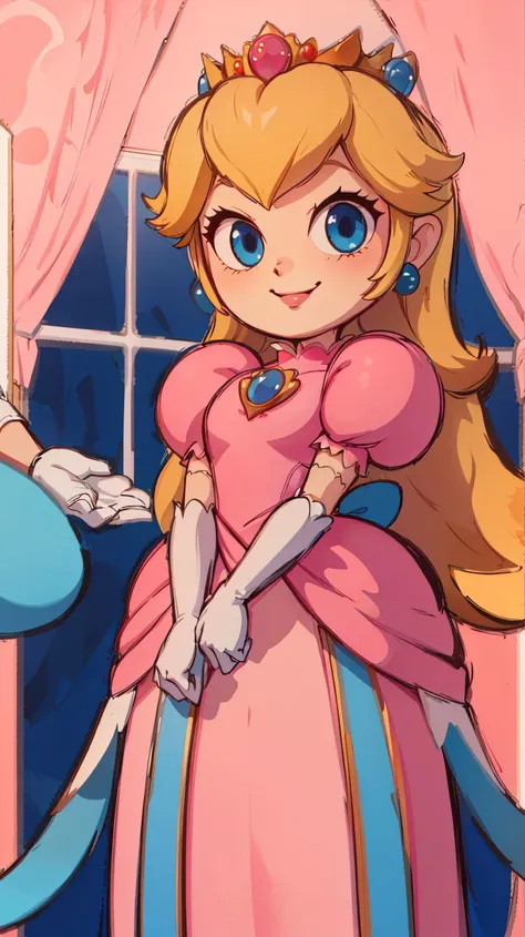 <lora:Style_of_the_Winds:0.8>,((masterpiece, best quality)),absurdres,Princess_Peach,(pink dress),blonde hair,blue eyes,long hair,crown,gem,gloves,puffy sleeves,short sleeves,white gloves,solo,smiling,looking at viewer,cowboy shot,<lora:PrincessPeachMovie:1>,PrincessPeach,illustration,2d,