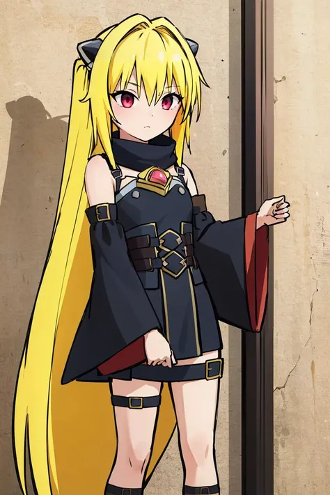<lora:Style_of_the_Winds:0.8>, , ((masterpiece,best quality)), absurdres, (finely detailed beautiful eyes: 1.2), phyami, yaminor, 1girl, solo, blonde hair, long hair, red eyes, thigh strap, very long hair, detached sleeves, black dress, <lora:yami-v1:1.0>,