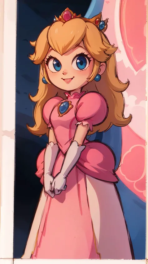 <lora:Style_of_the_Winds:0.8>,((masterpiece, best quality)),absurdres,Princess_Peach,(pink dress),blonde hair,blue eyes,long hair,crown,gem,gloves,puffy sleeves,short sleeves,white gloves,solo,smiling,looking at viewer,cowboy shot,<lora:PrincessPeachMovie:1>,PrincessPeach,illustration,2d,