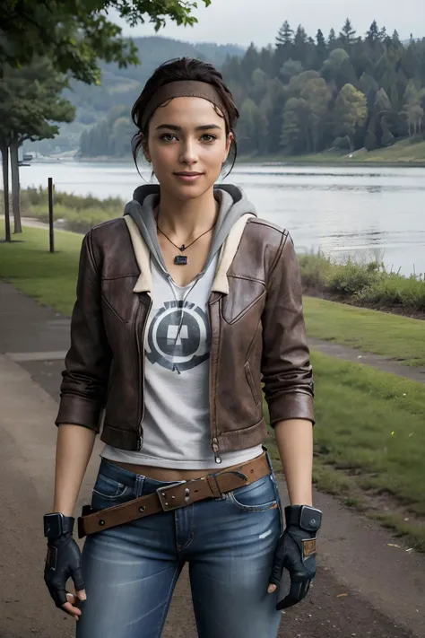 alyxvance,woman, dark skin, headband, belt, brown hair, fingerless gloves,jacket, hoodie, jeans, necklace looking at viewer,serious, smiling,
standing, outside, park, dead trees, overcast, gloomy, extreme detail, hdr, realistic quality, depth of field, <lora:Alyxv2:.7>