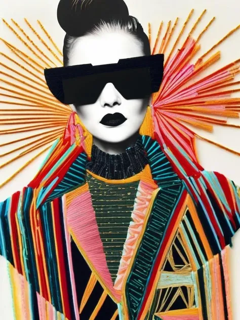 <lora:Okuda San Miguel Style:1>Okuda San Miguel Style - Natalie Shau inspired industrial Illusion pattern photograph of stunning woman wearing prism outfit and prism sunglasses in a hallway