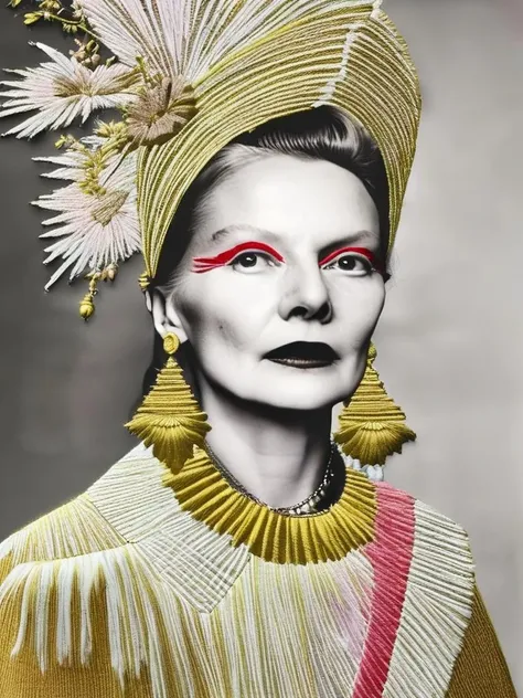 Vivienne Westwood fashion editorial style of a a woman with a headdress and jewelry , embroidery_on_photo : 1.4 , pale skin, floral organic dreamy, <lora:embroidery_on_photo:1.6> , high fashion, trendy, stylish, editorial, magazine style, professional, highly detailed