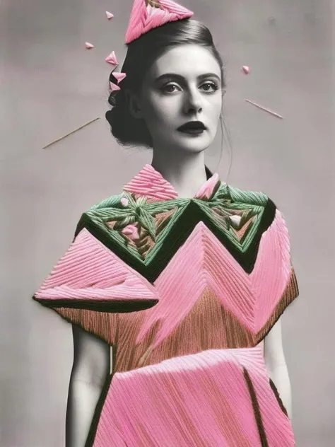 Chanel fashion editorial style of a a woman in a pink dress with a triangle over her head and planets in the background , embroidery_on_photo : 1.4 , pale skin, floral organic dreamy, <lora:embroidery_on_photo:1.6> , high fashion, trendy, stylish, editorial, magazine style, professional, highly detailed