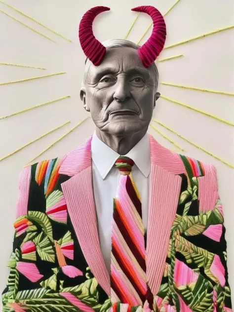 gucci fashion editorial style of a a man with a weird face and a suit jacket and tie with horns on his head and a tie around his neck and a pink jacket , embroidery_on_photo : 1.4 , pale skin, floral organic dreamy, <lora:embroidery_on_photo:1.6> , high fashion, trendy, stylish, editorial, magazine style, professional, highly detailed