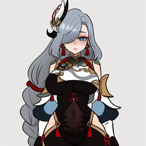 (masterpiece, best quality:1.3), LemonadePikachu, 1girl, solo, looking at viewer, blushing, simple background, wide hips, cowboy shot, large breasts, mature female, closed mouth, thick thighs, <lora:LemonadePikachu Style Lora:.9>, shenhe \(genshin impact\), grey hair, long hair, hair ornament, hair over one eye, blue eyes, earrings, braided ponytail, puffy sleeves, gold trim, gloves, bodysuit, breast curtain, shoulder cutout, covered navel, hip vent, clothing cutout, tassel <lora:shenhe:.8>