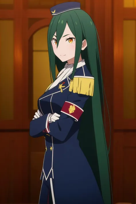 from side,smile,
<lora:åºç¥ä¿®Â·å¡å°æ¯è¾1V:0.8>,1girl,solo,long hair,green hair,hair between eyes,bangs,very long hair,orange eyes,low-tied long hair,garrison cap,military uniform,white ascot,white shirt,epaulettes,white gloves,blue pants,<lora:colorful_V1_lbw:0.4>,cowboy shot,crossed arms,, Exquisite visuals, high-definition,masterpiece,best quality,, 18yo,Young female,Beautiful Fingers,Beautiful long legs,Beautiful body,Beautiful Nose,Beautiful character design, perfect eyes, perfect face,expressive eyes,
official art,extremely detailed CG unity 8k wallpaper, perfect lighting,Colorful, Bright_Front_face_Lighting,shiny skin, 
(masterpiece:1.0),(best_quality:1.0), ultra high res,4K,ultra-detailed,
photography, 8K, HDR, highres, absurdres:1.2, Kodak portra 400, film grain, blurry background, bokeh:1.2, lens flare, (vibrant_color:1.2), (beautiful_face:1.5),(narrow_waist), ,NSFW,