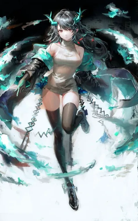 1girl, solo,dusk,looking at viewer, full body,pose,ink,dynamic angle,horns, bare shoulders, white sweater,black thighhighs,