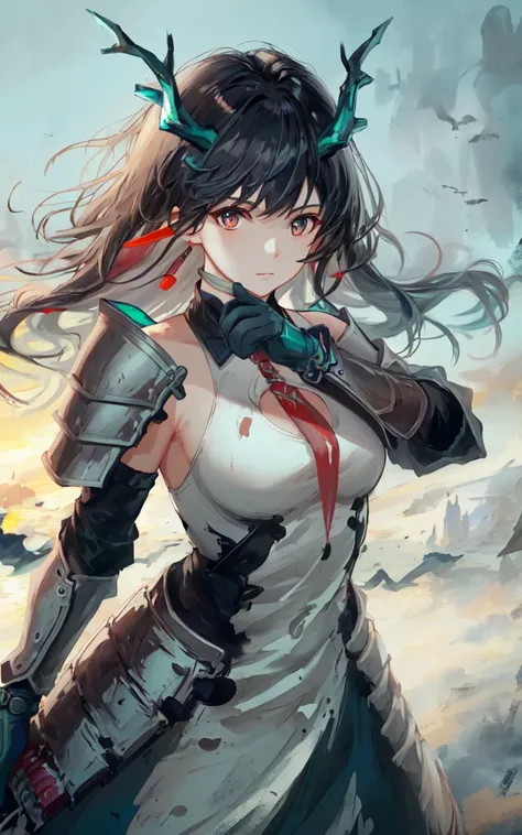 1girl, solo,dusk,looking at viewer, cowboy shot,pose,dynamic angle,horns, ammunition belt,battlefield,((armor)), (shoulder armor), armored dress, (armored breast)