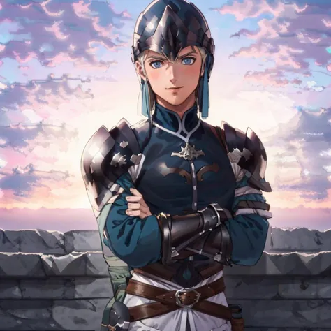 masterpiece, best quality, cloud, sky, sunset, cowboy shot, standing, looking at viewer, <lora:FE3H S Rank:1>  <lora:313archer-nvwls-v1-final:1.2> 313archer, (helmet:1.3), armor, smile, blushing, male focus, man, crossed arms, solo